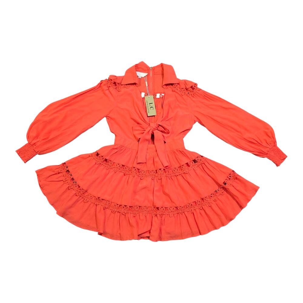 NWT Lizette Collection Vibrant Orange Crocket Trim Balloon Sleeve Flared Dress L